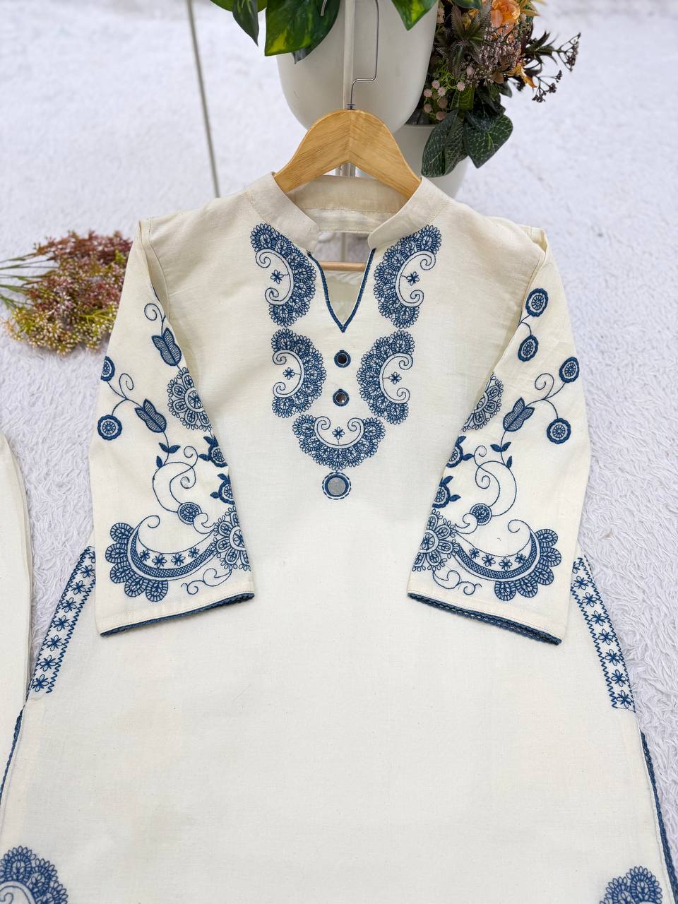 Elegant Ivory Cora Cotton Embroidered Kurta Pant Set with Mirror Work
