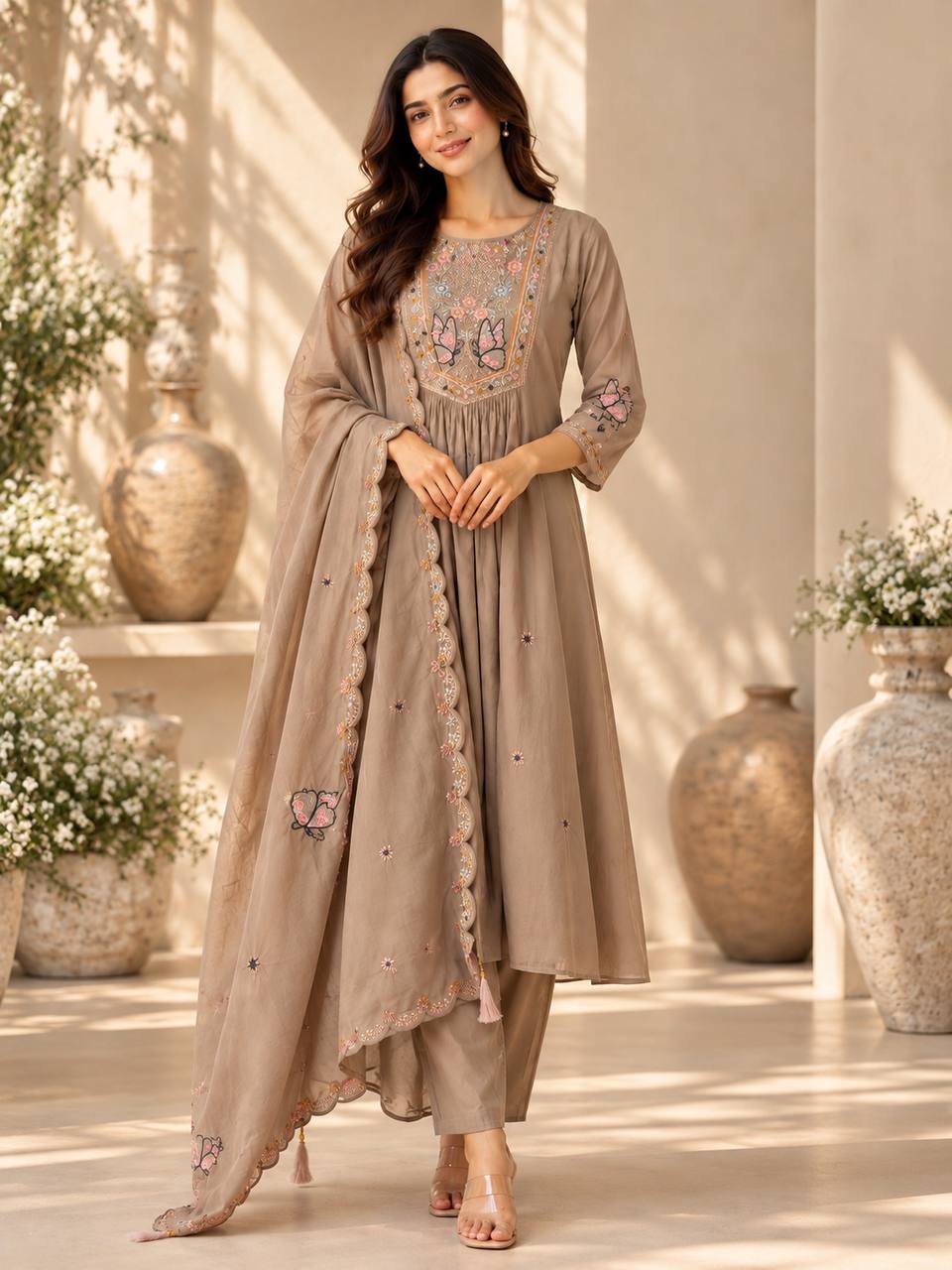Cream Bloom Suit Set With Dupatta