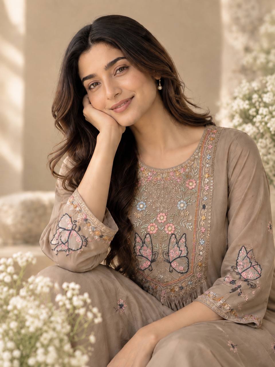 Cream Bloom Suit Set With Dupatta