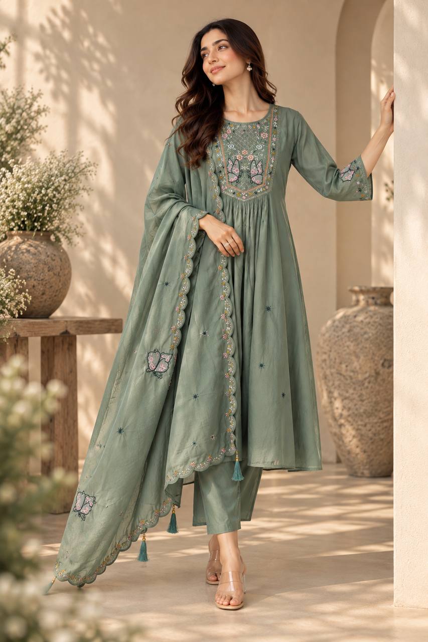Teal Bloom Suit Set With Dupatta