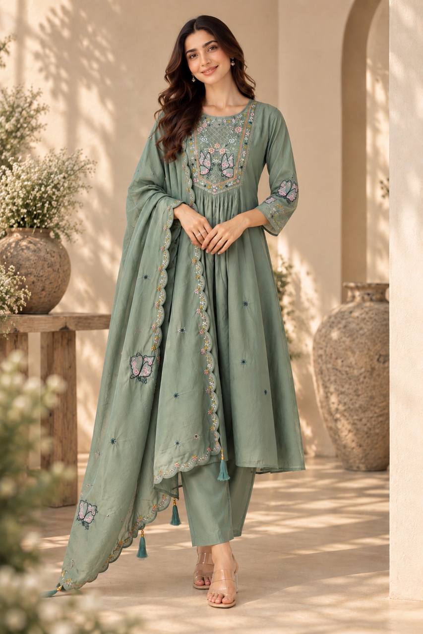 Teal Bloom Suit Set With Dupatta