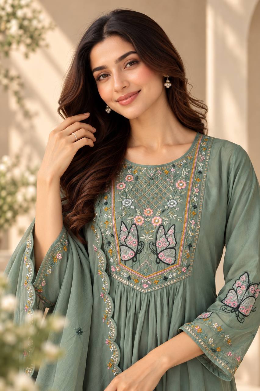 Teal Bloom Suit Set With Dupatta