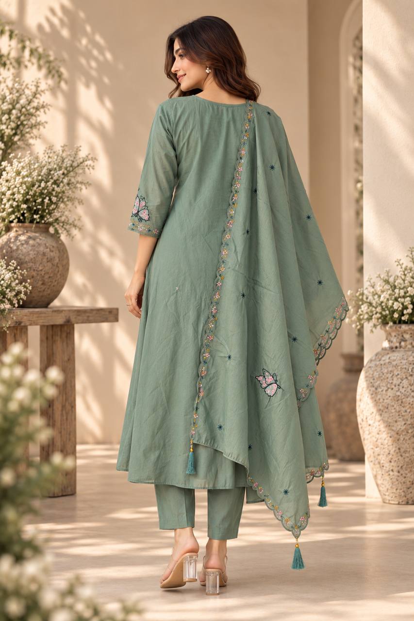 Teal Bloom Suit Set With Dupatta