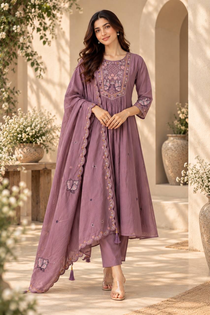Purple Bloom Suit Set With Dupatta