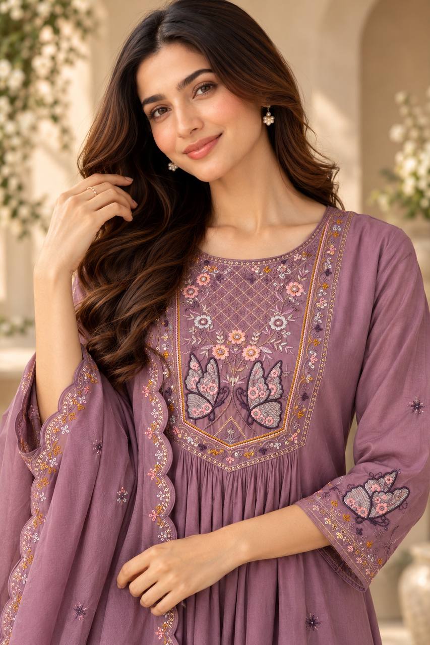 Purple Bloom Suit Set With Dupatta