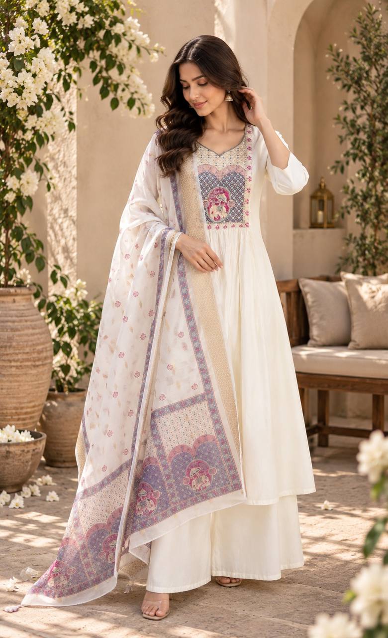 Elegant White Anarkali Suit with Printed Dupatta