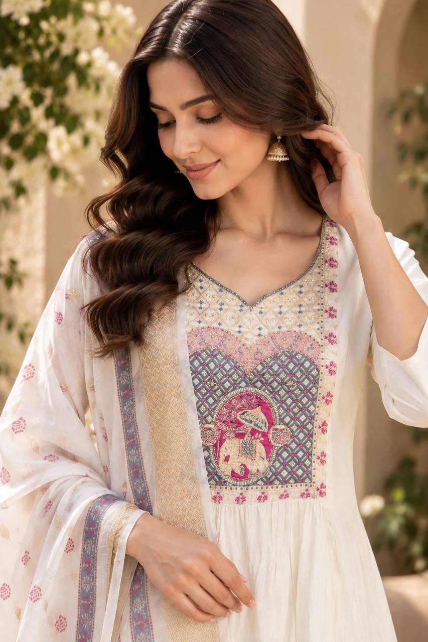 Elegant White Anarkali Suit with Printed Dupatta