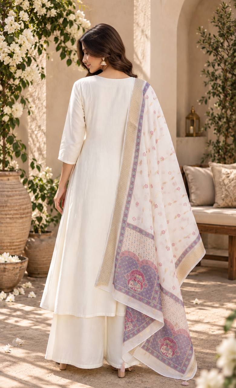 Elegant White Anarkali Suit with Printed Dupatta
