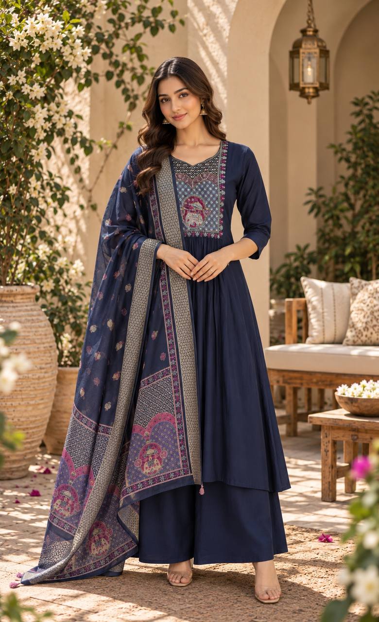 Elegant Blue Anarkali Suit with Printed Dupatta