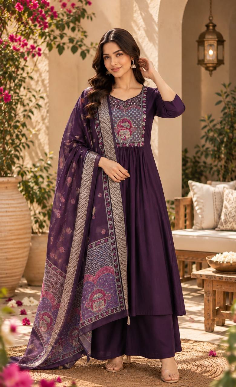 Elegant Purple Anarkali Suit with Printed Dupatta
