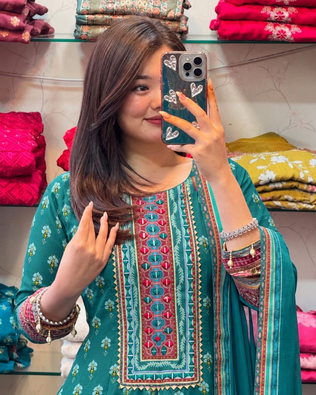 Rajasthani Printed Chinon Anarkali Kurta Set with Mirror & Hand Work