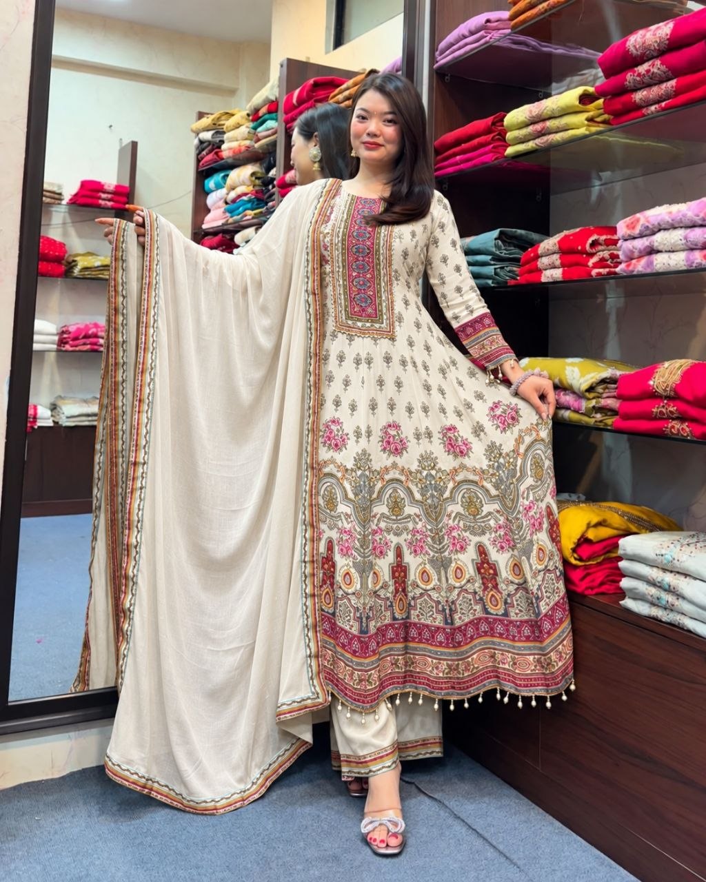 Rajasthani Printed Chinon Anarkali Kurta Set with Mirror & Hand Work