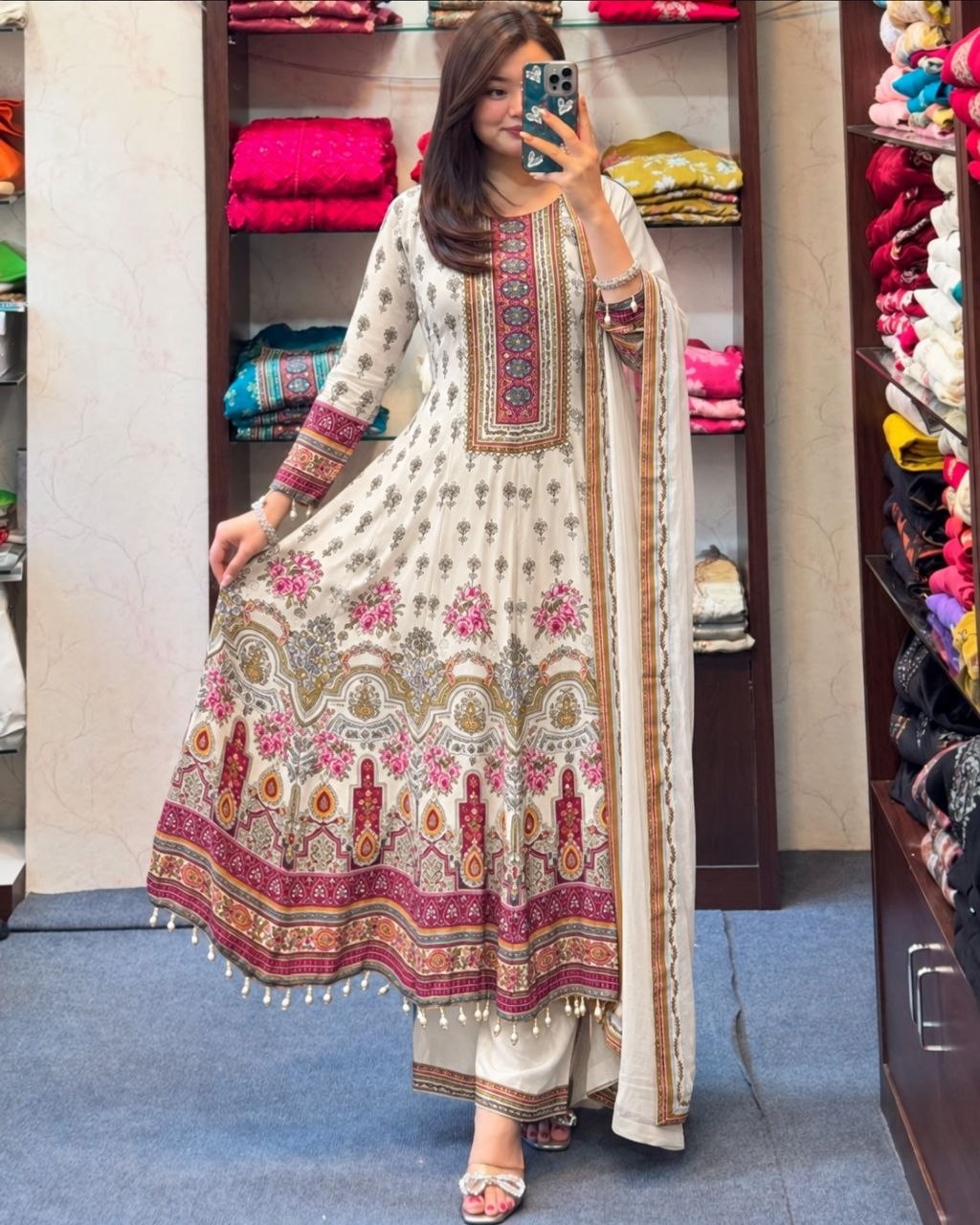Rajasthani Printed Chinon Anarkali Kurta Set with Mirror & Hand Work