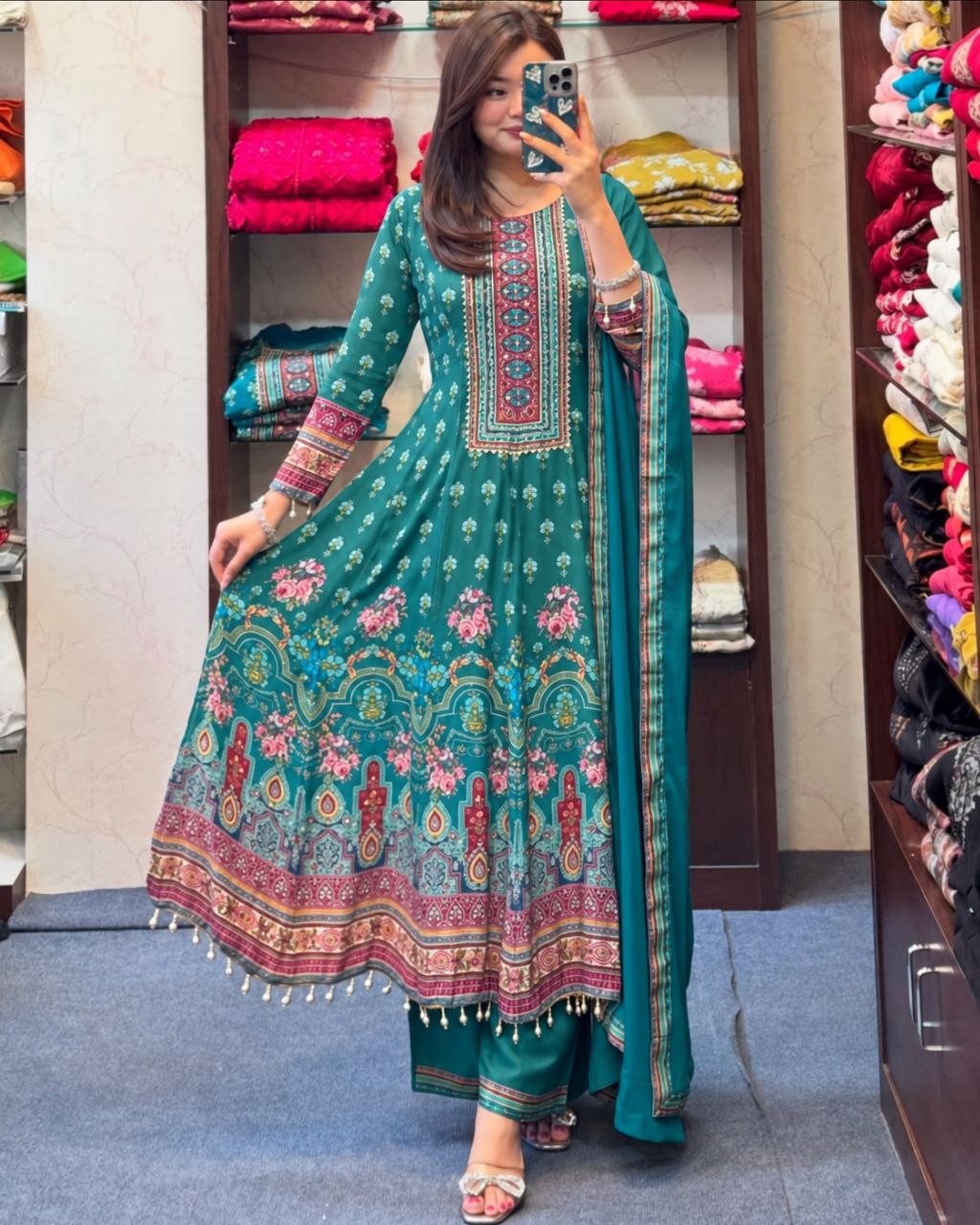 Rajasthani Printed Chinon Anarkali Kurta Set with Mirror & Hand Work