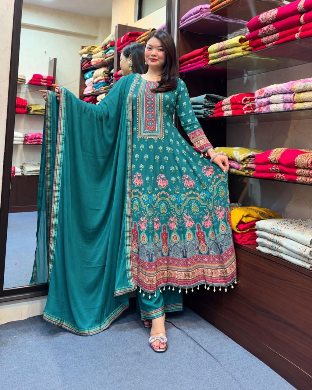 Rajasthani Printed Chinon Anarkali Kurta Set with Mirror & Hand Work