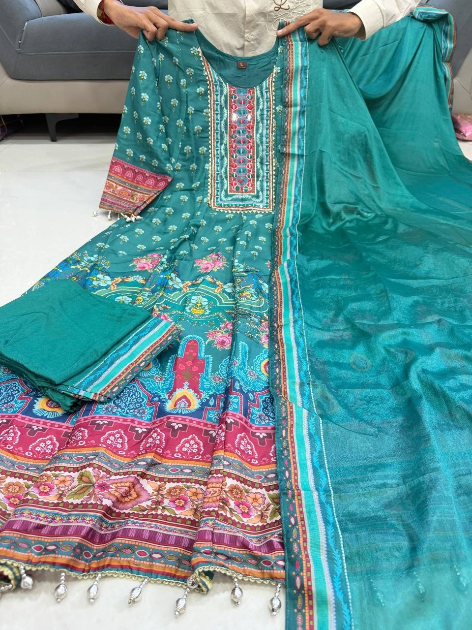 Rajasthani Printed Chinon Anarkali Kurta Set with Mirror & Hand Work