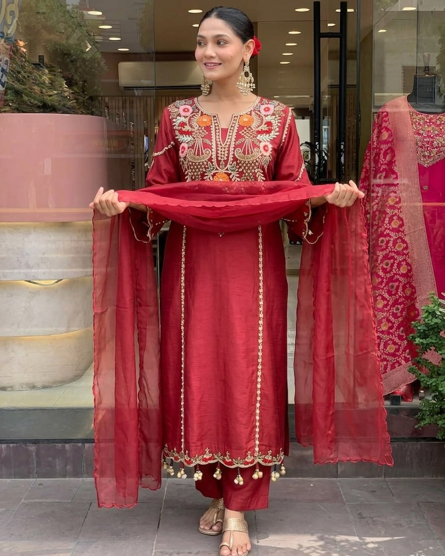 Elegant Maroon Cotton Embroidered Kurta Set with Dupatta