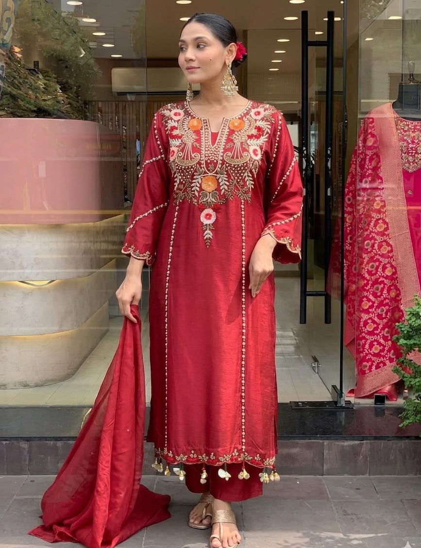 Elegant Maroon Cotton Embroidered Kurta Set with Dupatta