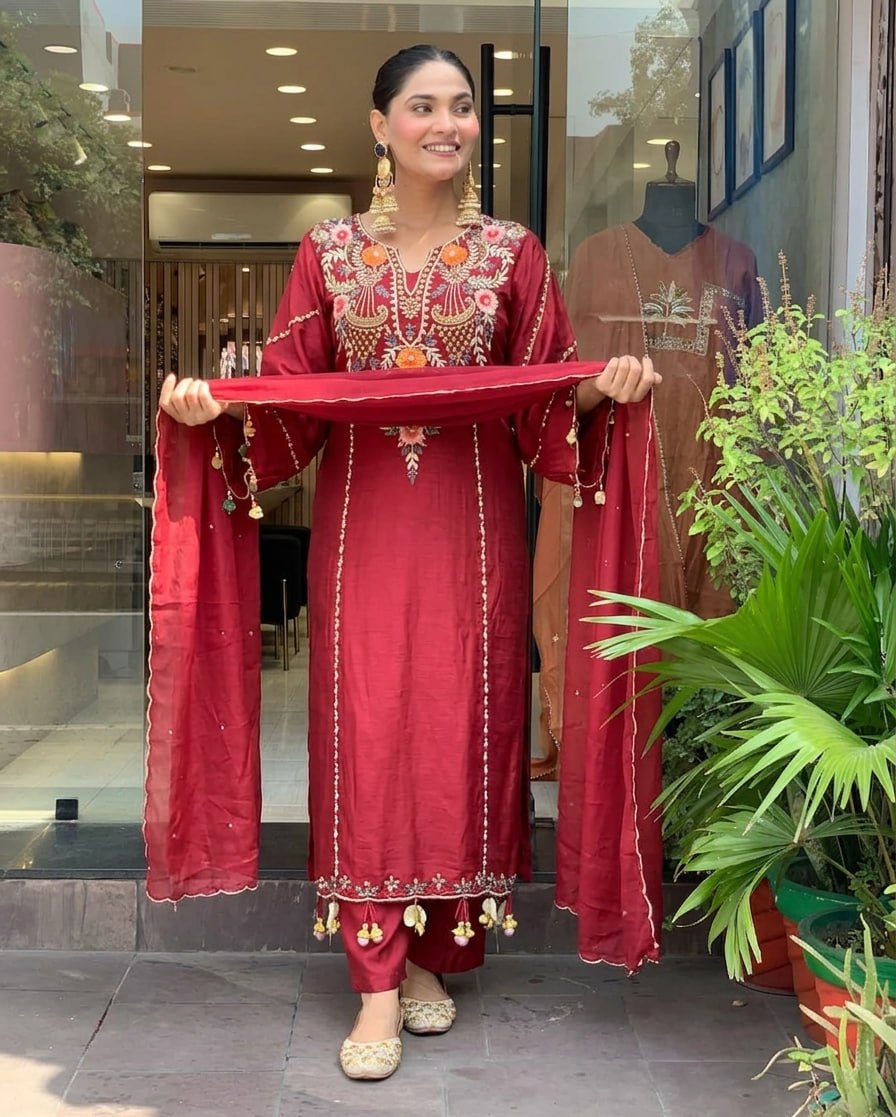 Elegant Maroon Cotton Embroidered Kurta Set with Dupatta