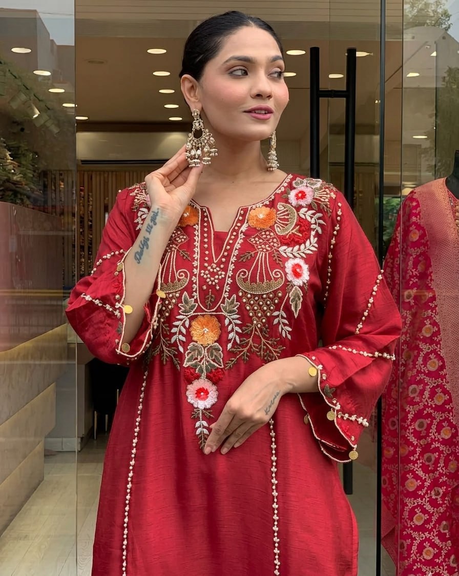 Elegant Maroon Cotton Embroidered Kurta Set with Dupatta