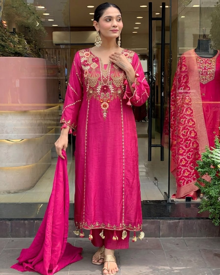 Elegant Pink Cotton Embroidered Kurta Set with Dupatta
