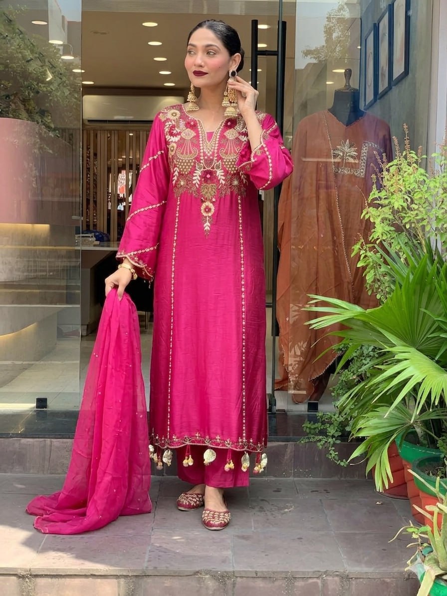 Elegant Pink Cotton Embroidered Kurta Set with Dupatta
