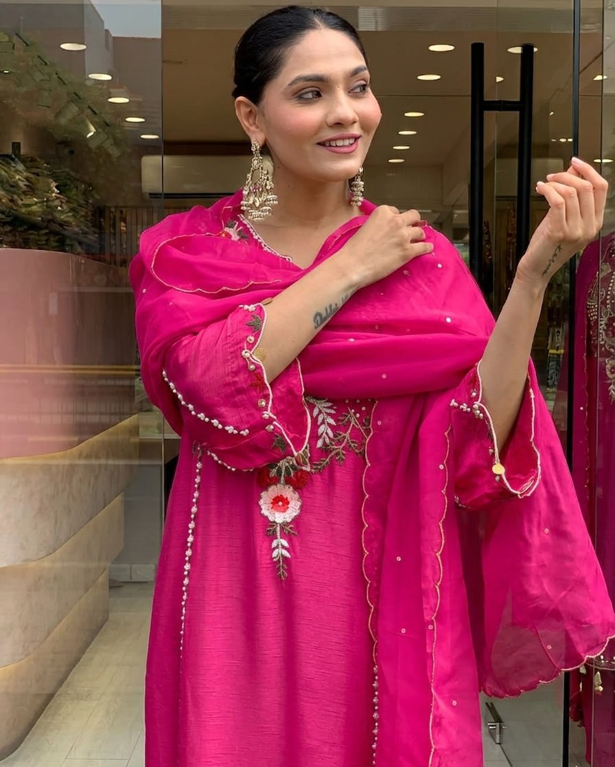 Elegant Pink Cotton Embroidered Kurta Set with Dupatta