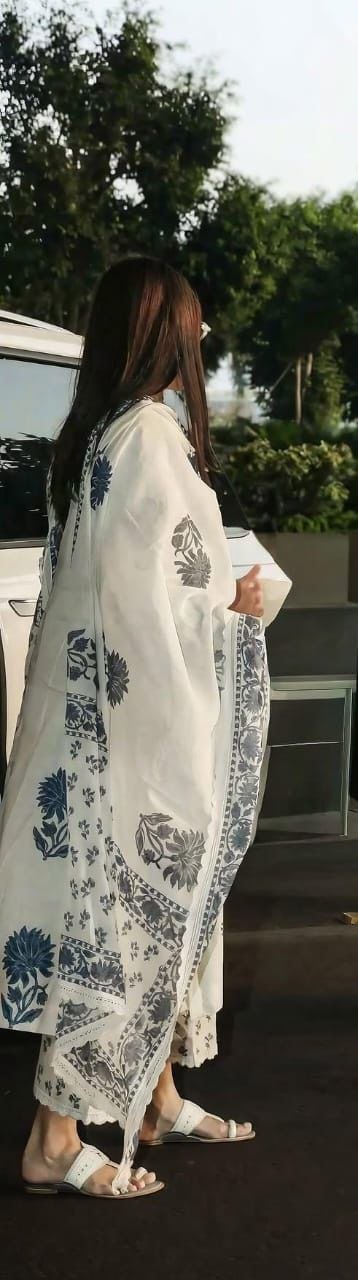 Blue Block Printed Side gather kurta with palazzo and printed dupatta