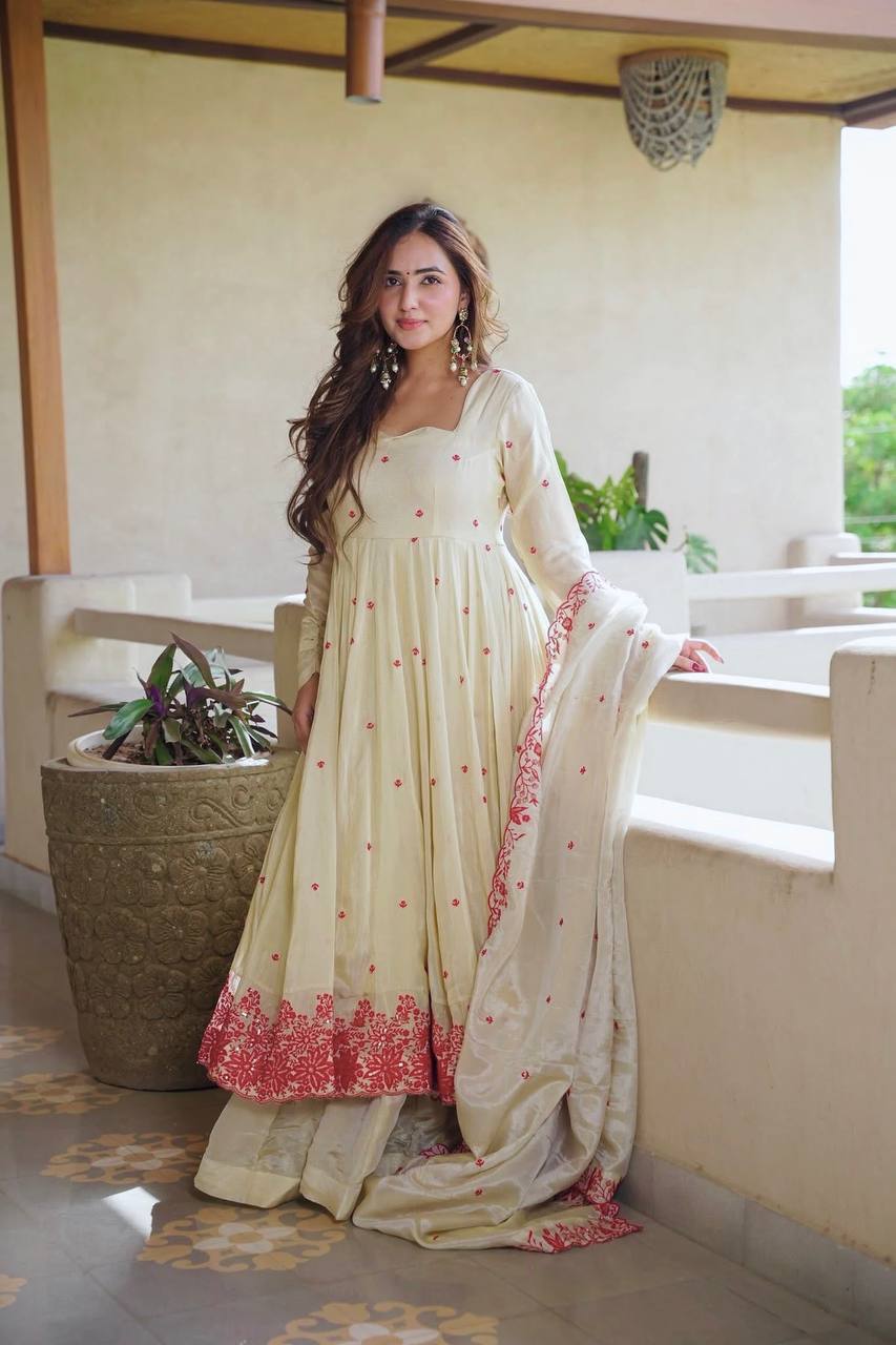 Elegant Off-White Embroidered Anarkali Kurta Set for Women