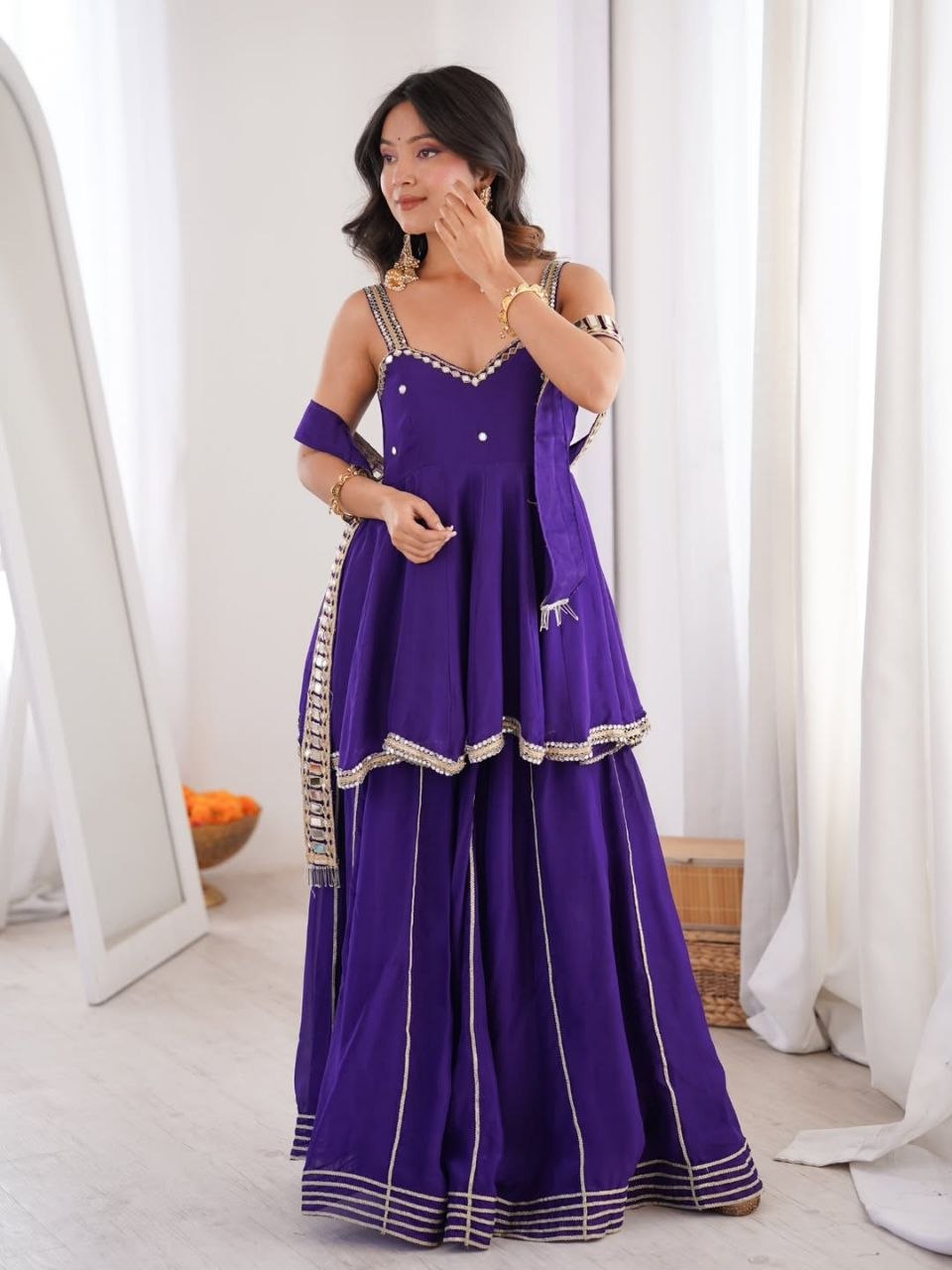 Royal Purple Mirror Work Sharara Suit with Designer Peplum Top & Dupatta