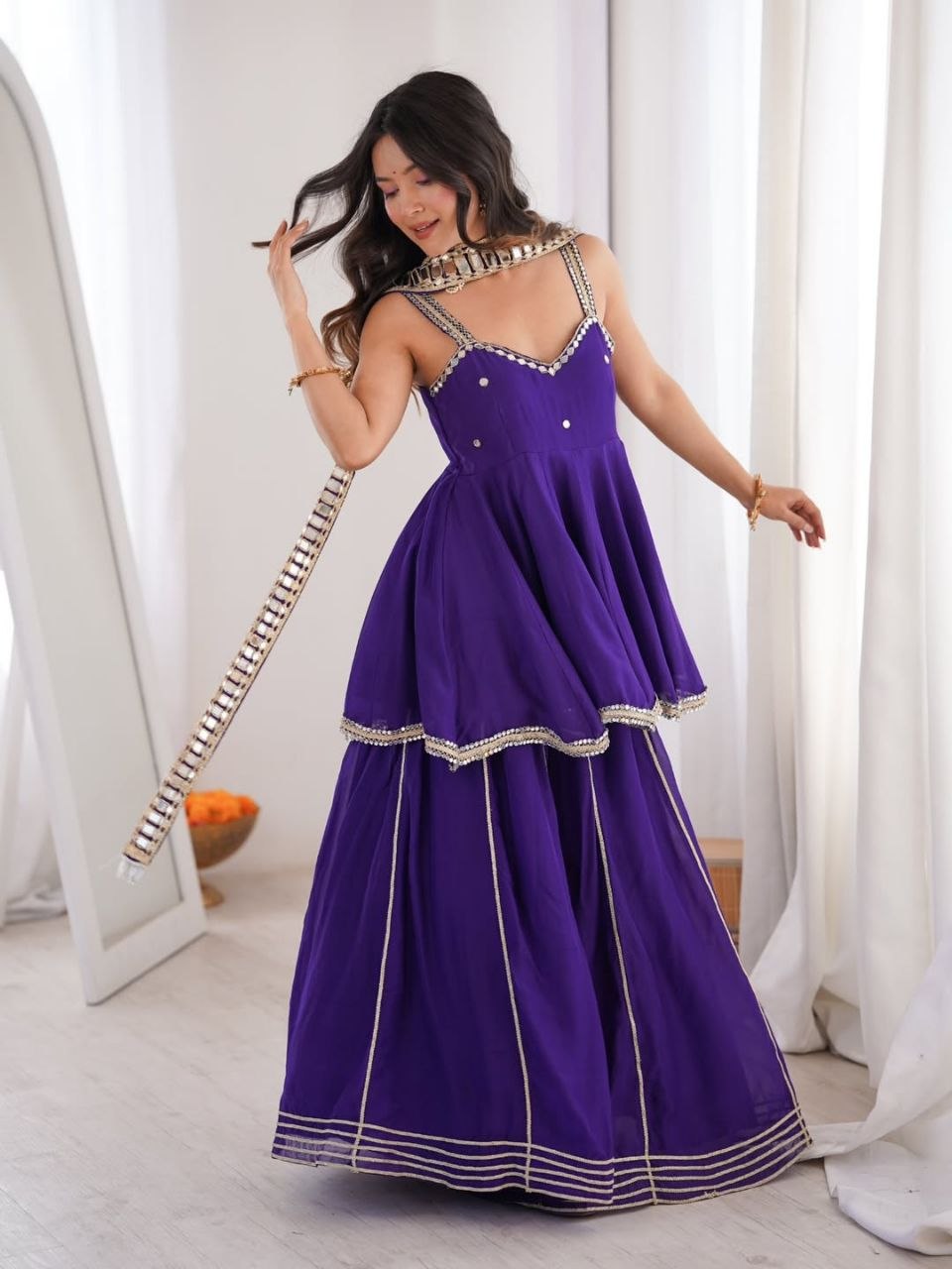 Royal Purple Mirror Work Sharara Suit with Designer Peplum Top & Dupatta