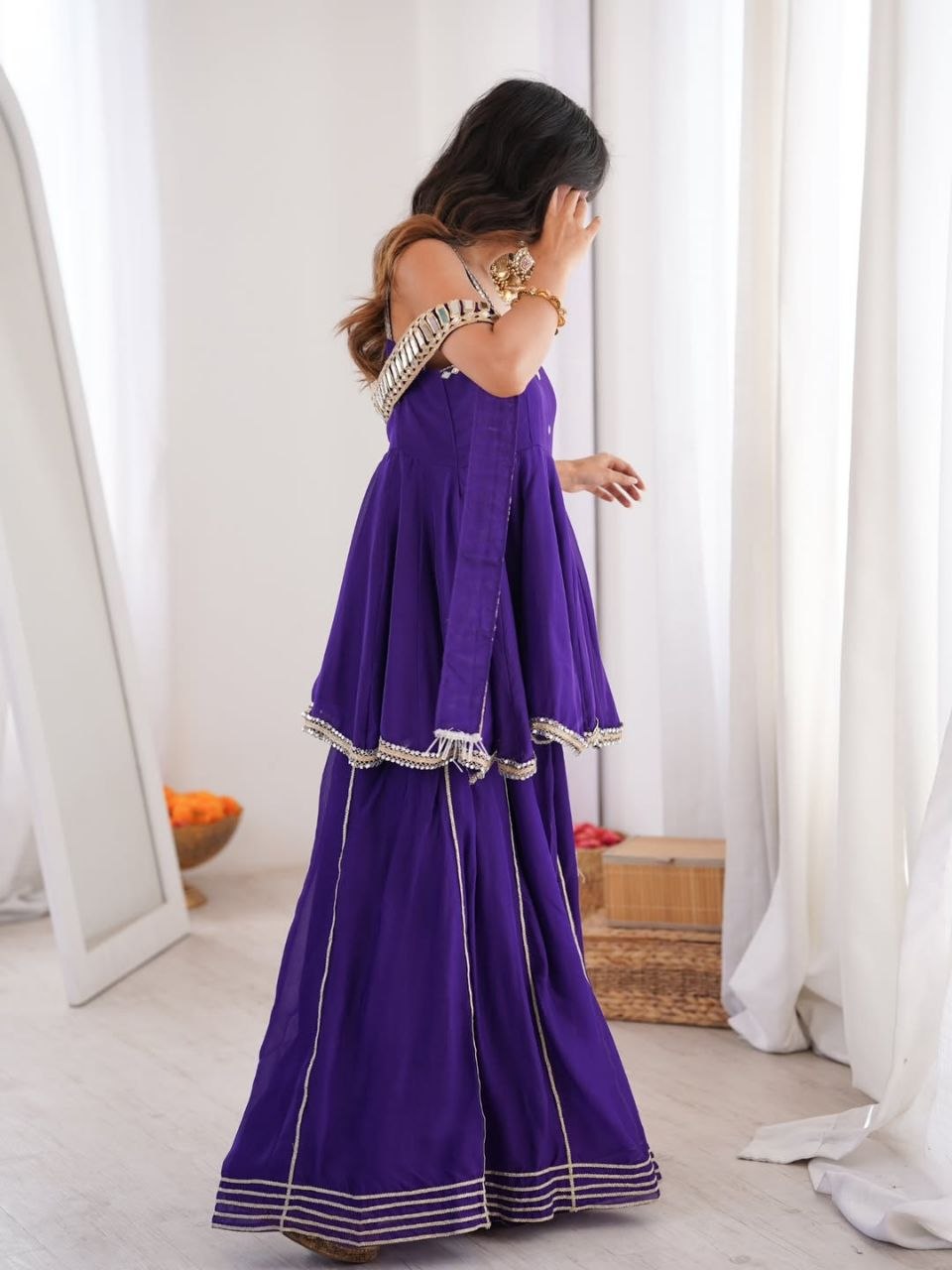 Royal Purple Mirror Work Sharara Suit with Designer Peplum Top & Dupatta