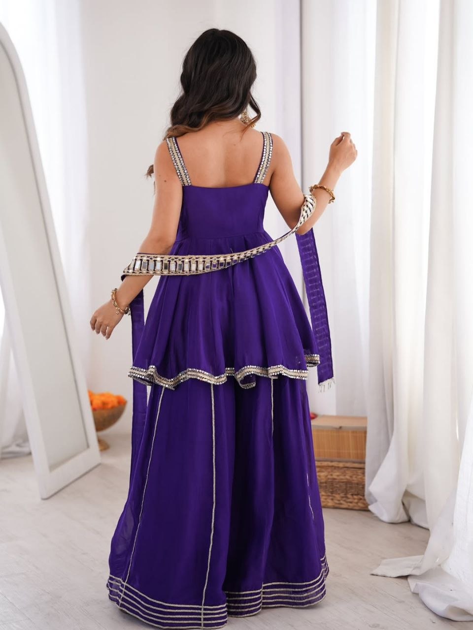 Royal Purple Mirror Work Sharara Suit with Designer Peplum Top & Dupatta