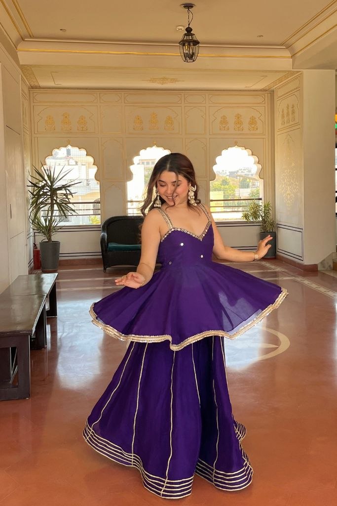 Royal Purple Mirror Work Sharara Suit with Designer Peplum Top & Dupatta