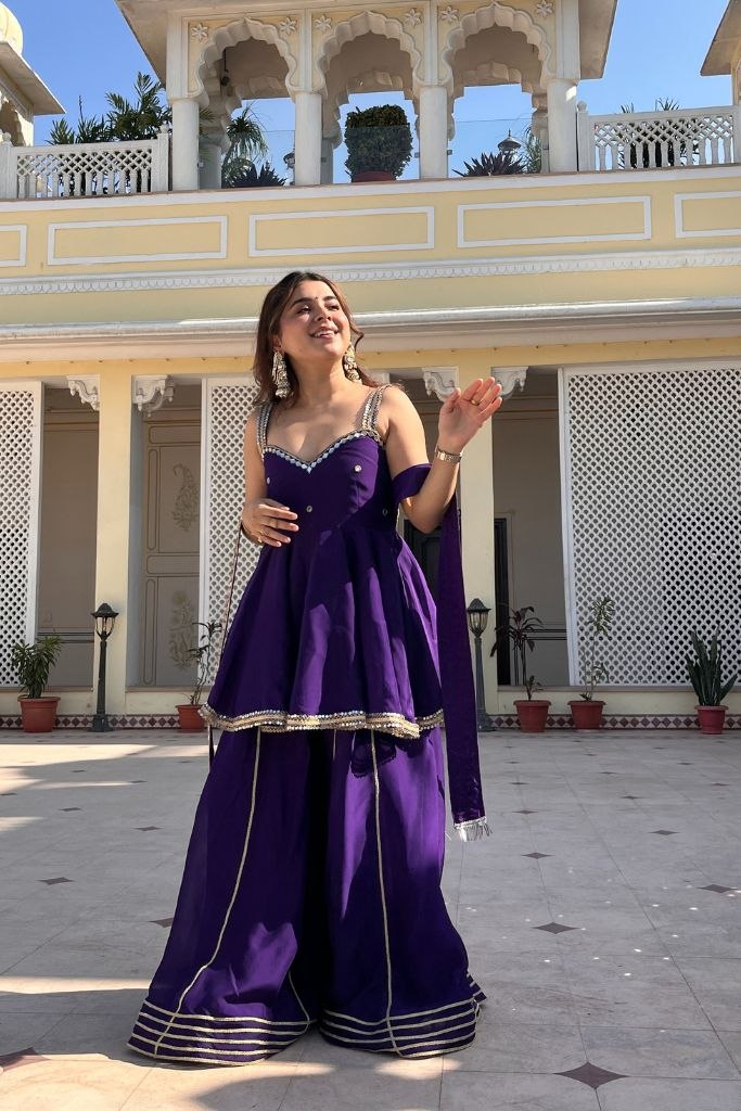 Royal Purple Mirror Work Sharara Suit with Designer Peplum Top & Dupatta