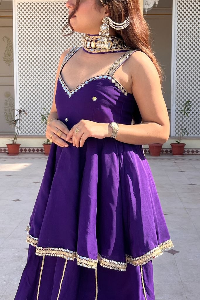 Royal Purple Mirror Work Sharara Suit with Designer Peplum Top & Dupatta