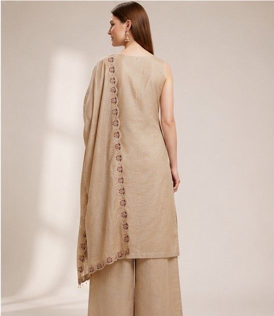 Classic Beige Ethnic Kurta, Palazzo & Dupatta Set