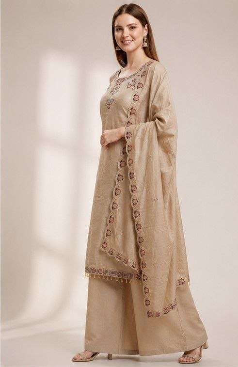 Classic Beige Ethnic Kurta, Palazzo & Dupatta Set