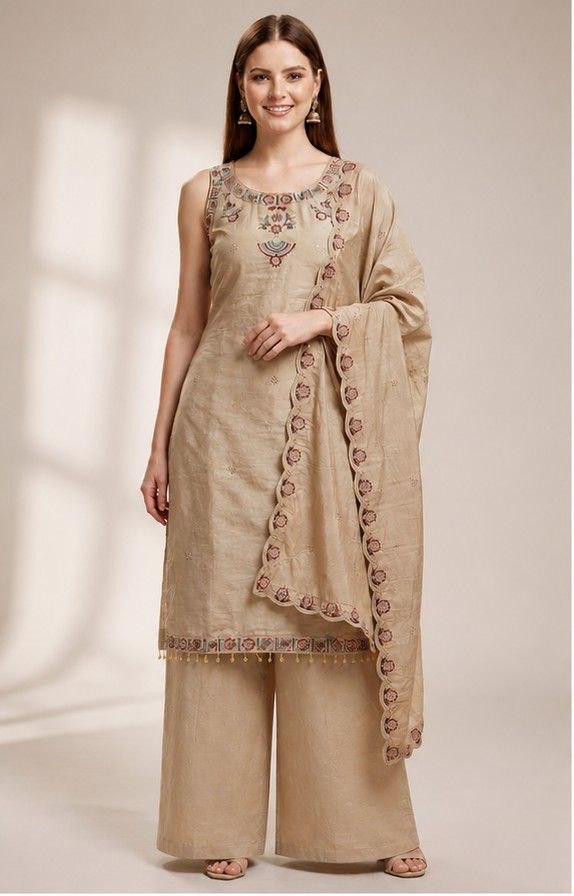 Classic Beige Ethnic Kurta, Palazzo & Dupatta Set