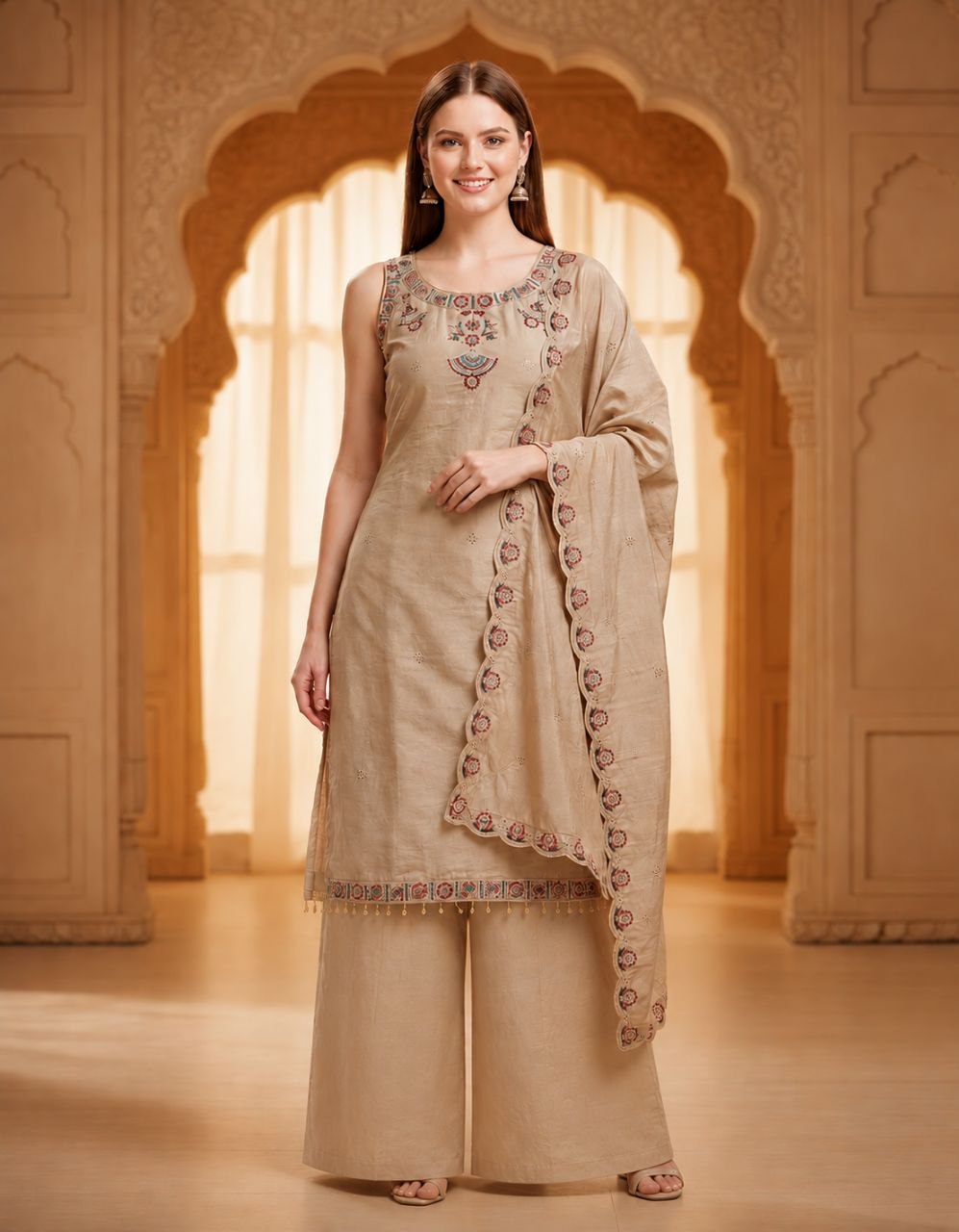 Classic Beige Ethnic Kurta, Palazzo & Dupatta Set