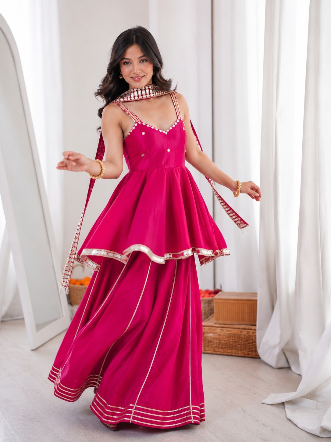 Royal Pink Mirror Work Sharara Suit with Designer Peplum Top & Dupatta