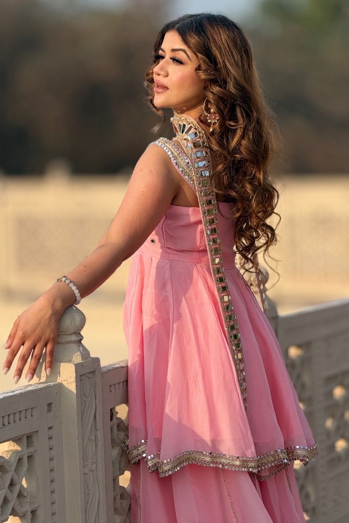 Royal Peach Mirror Work Sharara Suit with Designer Peplum Top & Dupatta