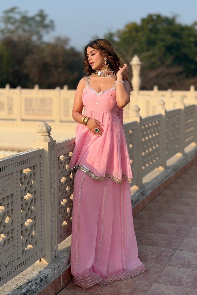 Royal Peach Mirror Work Sharara Suit with Designer Peplum Top & Dupatta