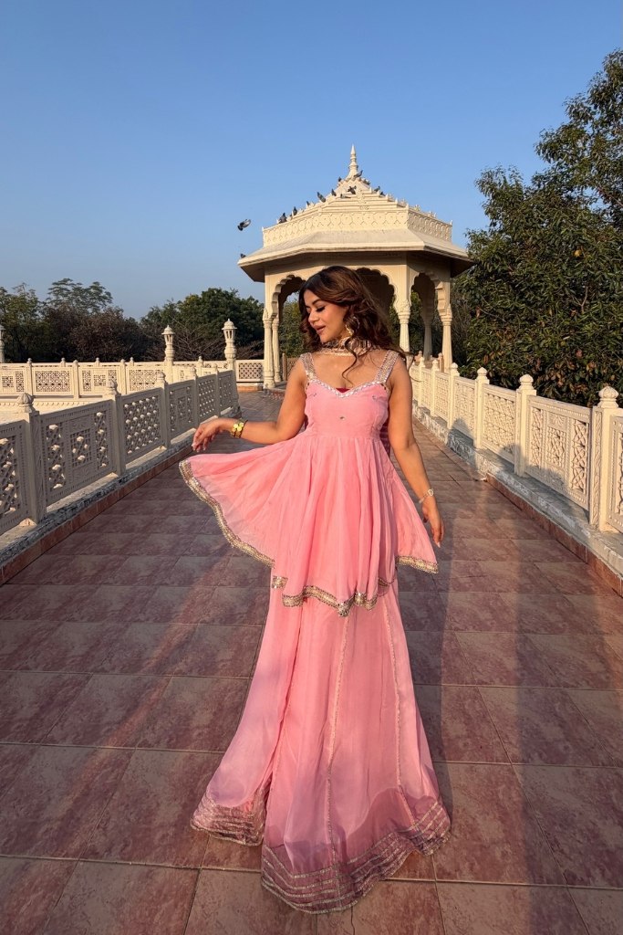 Royal Peach Mirror Work Sharara Suit with Designer Peplum Top & Dupatta