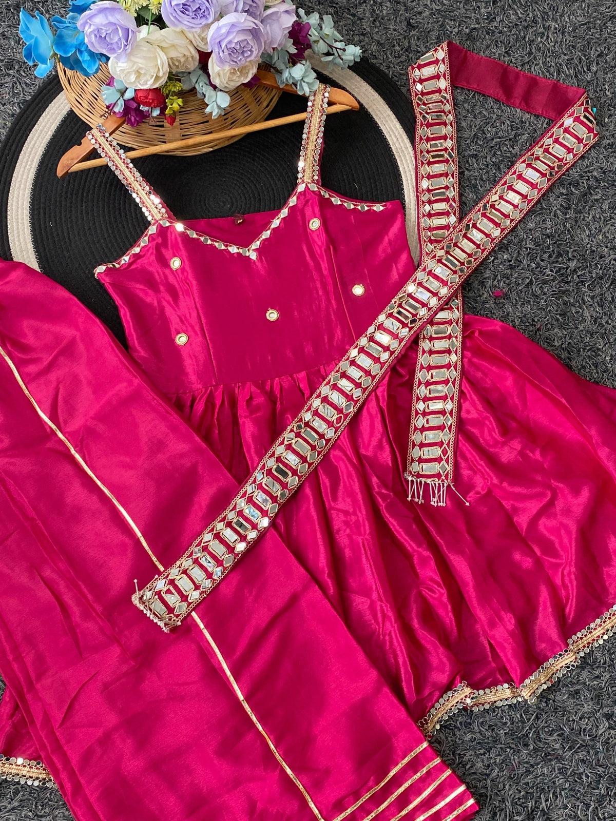 Royal Pink Mirror Work Sharara Suit with Designer Peplum Top & Dupatta