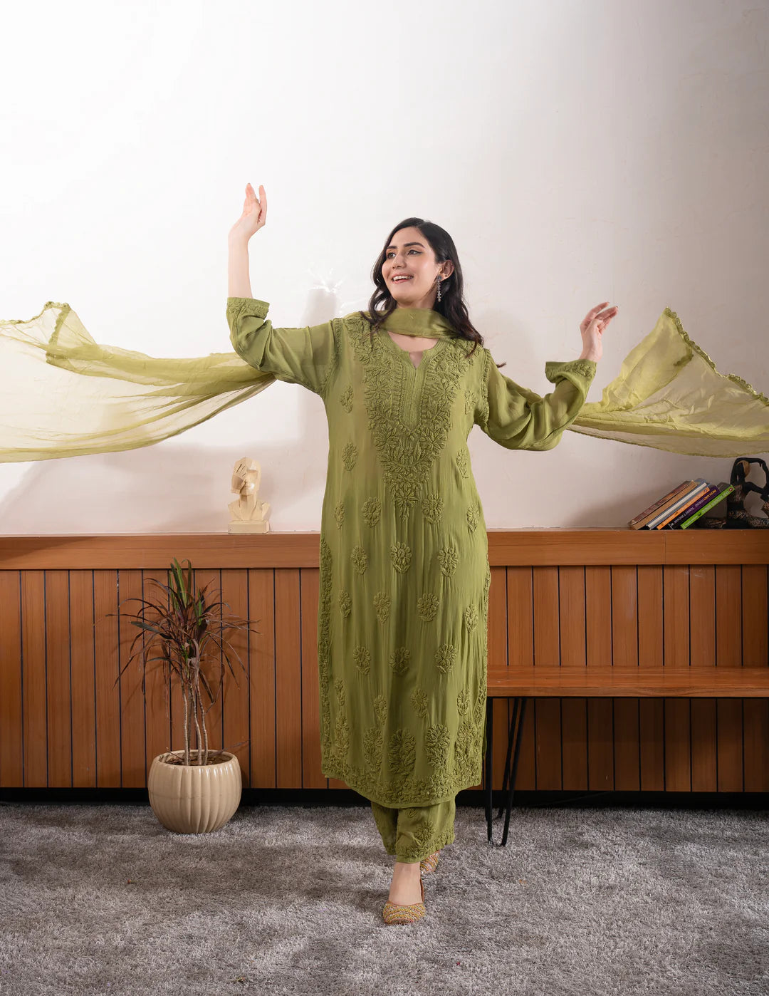 Elegant Olive Green Floral Embroidered Kurta Pant Set with Dupatta